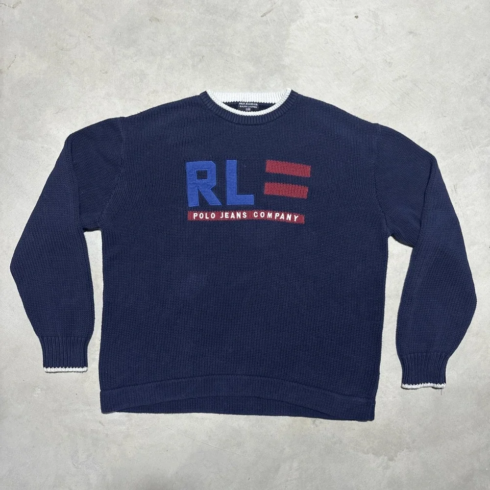 Ralph Lauren Polo Jeans Company Men's Knitted Sweater Blue XL Flag Classic Top